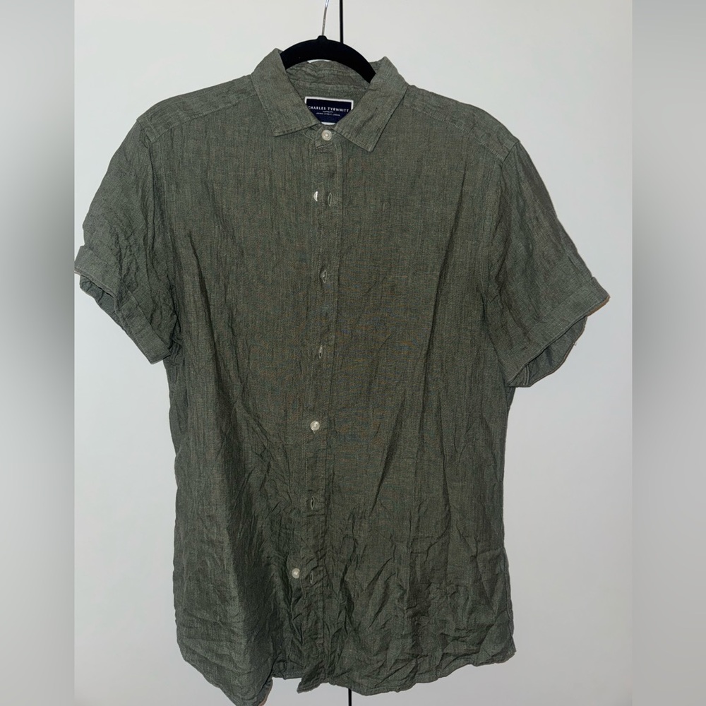 NWT Charles Tyrwhitt Olive Short-Sleeve Button-Down Linen Shirt